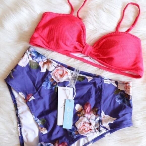 NWT Pink Purple Floral Printed Bikini Set Size Medium High Rise Bathing Suit - Picture 4 of 7